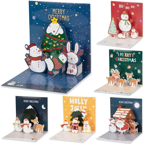 Sumairs 3D Weihnachtskarte Pop-Up Karte, 6er-Pack 2025 Weihnachten 3D Grußkarte mit Umschlag, Premium Papier Pop-Up Weihnachtsmann Lebkuchenmann Grußkarte (Blue)