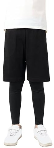 Hovershoes Youth Boys' Compression Base Layer Sports Tights Leggings with Short, 2 in 1 Athletic Active Pants for Football Soccer Basketball, Double-Layer Quick Dry Breathable Sweatpants Trousers