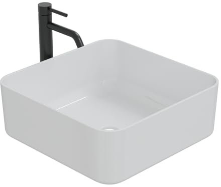 HAGO 24 | Lavabo de cerámica | cuadrado 39 x 39 cm | blanco | esquinas redondeadas | borde estrecho | lavabo superior | cerámica de baño | resistente a los arañazos | conexión estándar