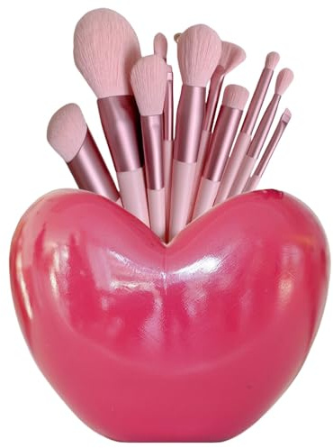 JARPSIRY Romantic 3D Pink Heart Shaped Makeup Brush Holder for Women, Cute Resin Pen Pencil Storage Cup Cosmetic Organizer for Vanity Bathroom Desk