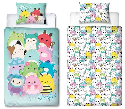 Character World Squishmallows - Set copripiumino singolo con licenza ufficiale, double-face, con personaggi su 2 lati, con federa coordinata, perfetto per la camera dei bambini, in policotone