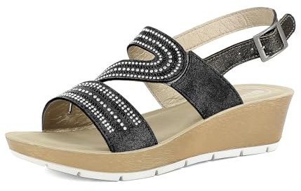 Sandali Donna Doppia Fascia Design a S di Strass, con Cinturino Regolabile, Inserto Elastico e Tacco di 5cm
