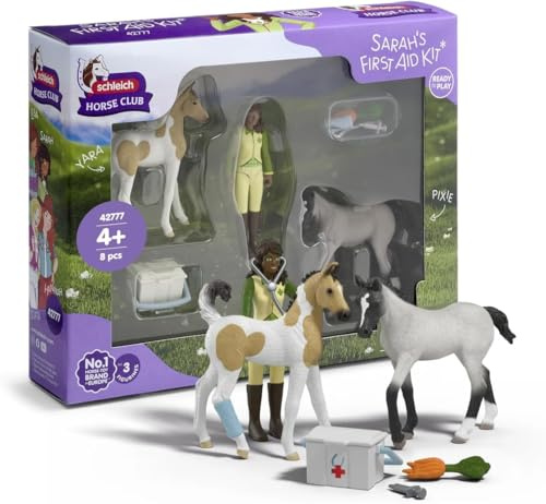 schleich HORSE CLUB | Sarahs Första Hjälpen Set 42777 | Med 2 föl, Sarah & tillbehör | utbildande leksak för barn från 5 år | set med 8 delar | Med 2 föl, Sarah-figur och tillbehör | pedagogisk leksak för barn från 5 år | 8-delat set