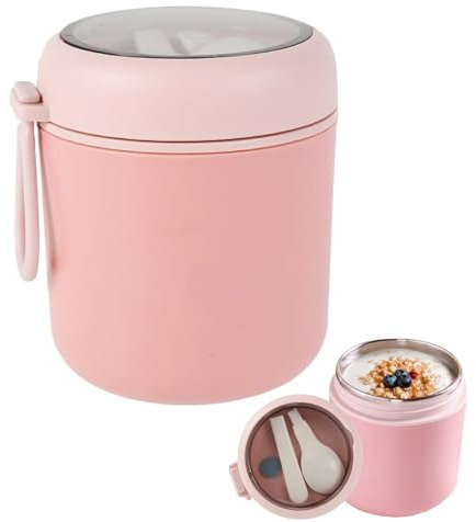 chiquieray 530 ML Insulated Food Flask,Stainless Steel Thermal Wide Mouth Food Jar,Thermal Meal Box for Hot Food with Foldable Spoon, Leak Proof Soup Flask for School Office Picnic Travel(Pink