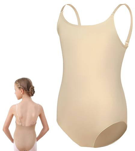 Nurhore Ballet Undergarments for Girls, Nude Dance Leotard Seamless, Gymnastic Underwear with Adjustable Clear Straps (Nude, XL(140-155cm))