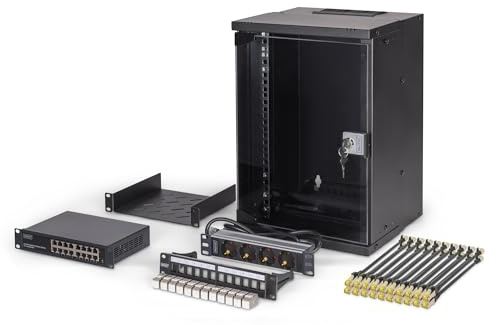 DIGITUS 10-tums nätverkssats - 9U nätverksskåp - hylla - uttagslist - 16-portars switch - 12-portars patchpanel - 12 keystone-moduler - 20 patchkablar - SOHO Pro - svart