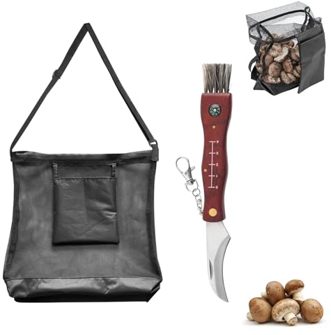 FUFRE Sac à champignons avec couteau à champignons et brosse, sac de collecte de champignons, sac à dos pliable, sac collecteur de champignons, sac de cueillette de fruits, sac en filet avec grande
