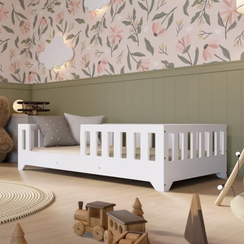 Crazy Pine - Montessori Kinderbett mit Rausfallschutz – Sicheres Kinderbett für Jungen und Mädchen - Leichter Aufbau - Crazy Alfa (Weiß mit Eingang Links, 200 x 120 cm)