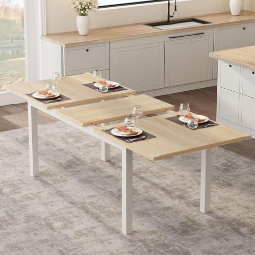 CuteHairy 47.3–63 Extendable Dining Table – Space-Saving Kitchen Table with Metal Frame & MDF Top, Easy-Clean, Natural Wood & White Finish, Seats 6, Ideal for Home Office or Kitchen – Single Table