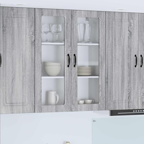 Tonture Armario de pared de cristal Porto Sonoma gris 80 x 31 x 100 cm de madera con 2 puertas y 3 estantes, vitrina colgante de cocina para almacenamiento y organización en cocina moderna