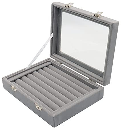 Ring Box, Ring Holder Boxes For Jewellery Ear Ring Box For Storage Jewellery Organiser Earring Holder Ring Boxes For Women 7 Slots Velvet With Glass Windows (Grey)