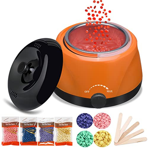 Chauffe-cire pour épilation à la cire, avec 4 x 100 g de cire, 20 spatules en bois, pour aisselles, jambes (orange)