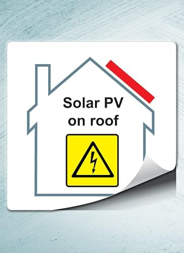 Solar PV på taketiketter – 100 mm x 100 mm självhäftande varningsklistermärken – pris per förpackning med 12 etiketter (3 ark per förpackning) (P/NO. 7829130AMZ)