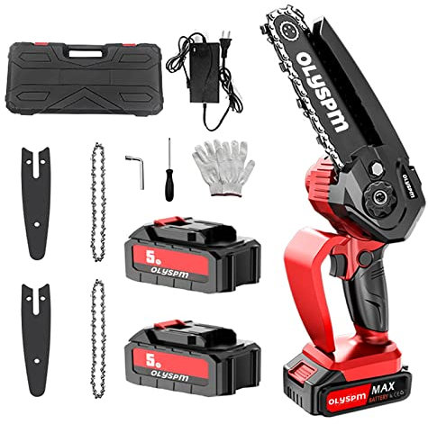 OLYSPM Mini Tronconneuse a Batterie,Tronconneuse electrique,6 pouces Tronconneuse electrique sans fil pour la Coupe du bois,l'élagage le Jardin (2 Batterie/2 Chaînes) 6 Kit W/ 2 X 2.0 Ah Battery