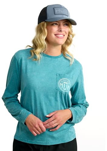 HUK Womens Short Sleeve Mineral Wash Pocket Tee, Fishing T-Shirt for Women, Storm Blue, Medium