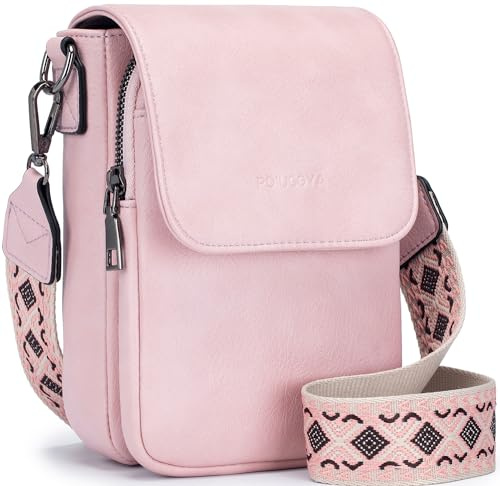 POIUGOYA Bolsos cruzados pequeños para mujer, de moda, de cuero, con triple compartimento, para teléfono celular, cartera cruzada con ranuras para tarjetas, A-Rosa