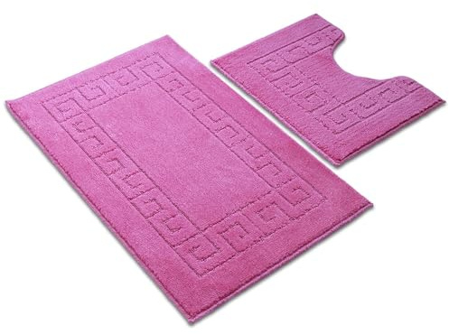 Ambience Products Greek Key Pattern Bath Mats 2 Piece Sets Non Slip Bathroom Mat, Soft Washable Rug Quick Dry Water Absorbent Bathroom Shower Mat & Pedestal Set (Pink)