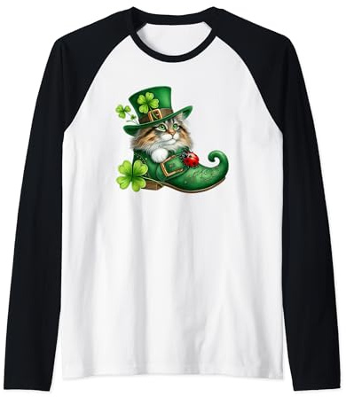 St Patrick’s Day Cat in Shoes - Norwegian Forest - Cute Raglan Baseball Tee