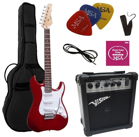 4/4 guitare electrique rouge transparent Ensemble avec amplificateur 20 watts, sac, cordes, plectre