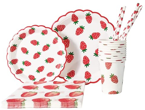 MaitianGuyou Strawberry Party Decorations Supplies: Plates, Cups, Napkins, and Straws for Birthdays, Baby Shower, Sweet One, Serves 20 Guests
