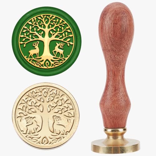 MAYJOYDIY Tree of Life Deer Wax Seal Stamp, 25mm Brass Head Wooden Handle Removable Sealing Stamp Great for Wedding Party Invitations Cards Envelopes Letter Sealing