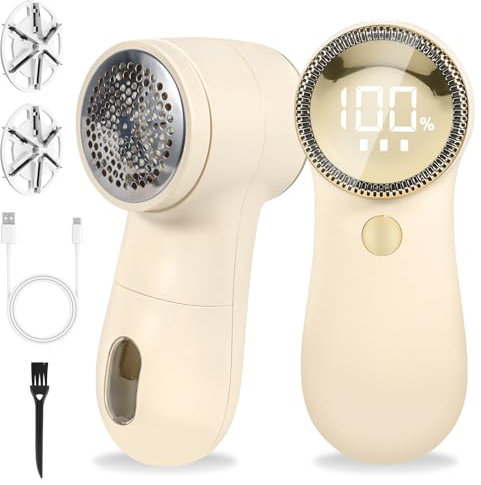 BUOAZR Levapelucchi Elettrico, Levapelucchi Ricaricabile per 3 Livelli di Potenza Regolabili, Display LED, con Spazzola e 2 Lame di Ricambio, Taglia Pelucchi a 6 Lame per vari Tessuti(Beige)