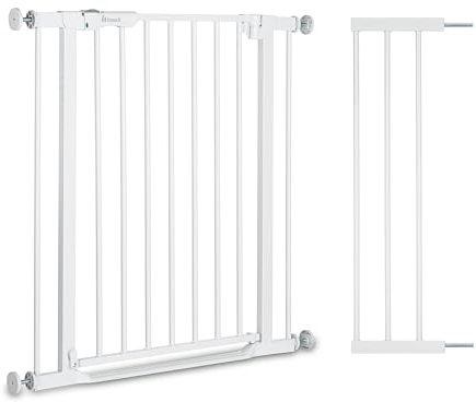 hauck Trappskyddsgaller, dörrskyddsgaller, klart, steg, autostängning, 2 set inkl. 21 cm förlängning för bredder 96–101 cm, ultra platt tröskel, automatisk stängningsmekanism, utan borrning (vit)