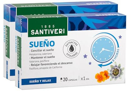 SANTIVERI - Sueño, Complemento Alimenticio a Base de Melatonina y Extractos de Escutelaria, Amapola de California, Valeriana y Pasiflora, Ayudan a Conciliar el Sueño - 2 x 20 Cápsulas