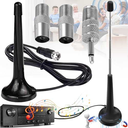 Benaton 4 stycken radioantenn för stereosystem DAB, universell rumsantenn med magnetisk bas och 3 m förlängningskabel, inomhusantenn med adapter till F-kontakt, radioantenn för mottagning av Fm