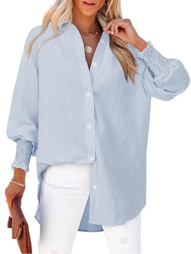 Blue Striped Shirt Women Smocked Cuffed Oversized Button Down Shirts Boyfriends Casual Loose Puff Long Sleeve Business Work Tunic Top for Leggings Wrinkle Free Interview Top Office Professional