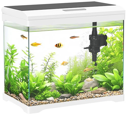 PawHut 27L Fish Tank, Glass Aquarium with Filter System, LED Light, Water Pump, Fish Tank Starter Kits for Betta, Goldfish, Shrimps, White
