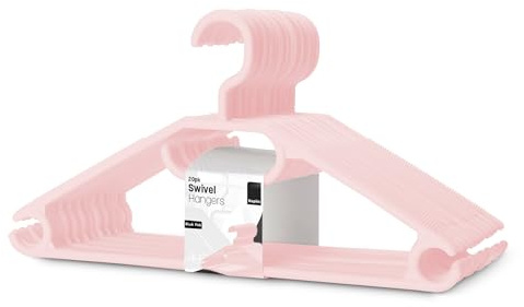 KEPLIN Space Saving White Plastic Coat Hangers - 20 Pack | Heavy Duty Swivel Hook for Clothes, Coats, Dress, Shirt, Jacket, Trouser | Non Slip With Rotating Hook & Tie Hanger- Blush Pink