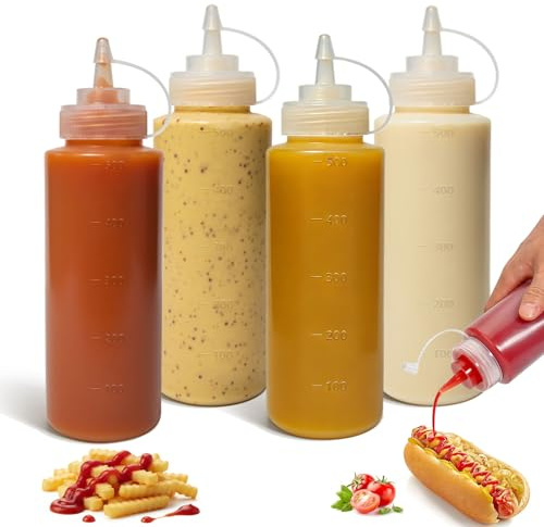 OAMCEG 16OZ/470ml Sauce Squeeze Bottles - 4 Pack BPA-Free Plastic Ketchup & Condiment Bottles with Measurement for Syrup, Dressings, Mayonnaise，Hot Sauce