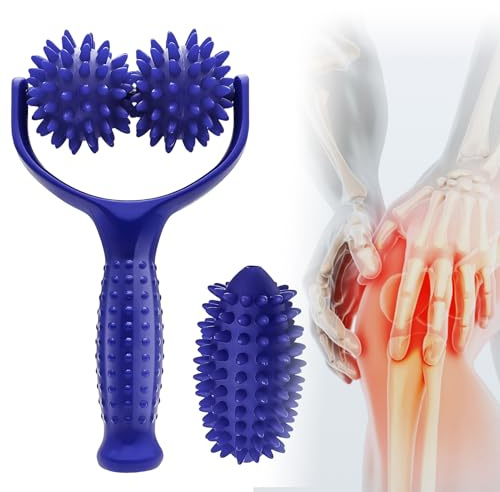 Diffaxy Massage Roller, 3 Igelball Auswechselbare für Füße, Massageroller mit Griff, Massageball für Schultern, Nacken, Rücken, Bein und Rückenmuskulatur(Blau)