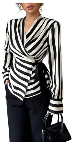 SOLY HUX Women's Tie Front Wrap Tops Striped Long Sleeve Shirt V Neck Dressy Casual Blouses Black and White Small