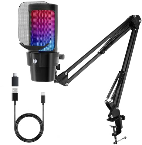 VCOM Gaming Mikrofon mit Arm, USB Microphone Kit mit RGB Modi, Mute, Pop-Filter, PC Mikrofon für Podcast, Streaming, Studio, Plug & Play, Standmikrofon für Mac, PS4, PS5, YouTube, Twitch