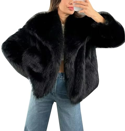 Cappotto da Donna Soffice Giacca Soffice Giacca a Maniche Lunghe con Risvolto giacche Invernali in Pelliccia Shaggy Parka Cappotto Corto (Nero,M)