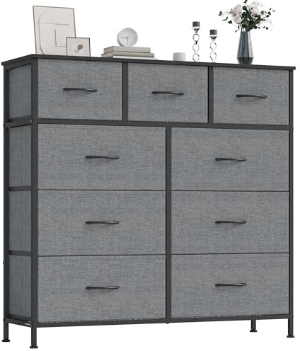 SONGMICS BELLAH Collection - Commode, Meuble de Rangement pour Chambre, Couloir, Entrée, Salon, Cadre en Acier, 9 Tiroirs, Style Moderne, Gris Ardoise LGS324G101