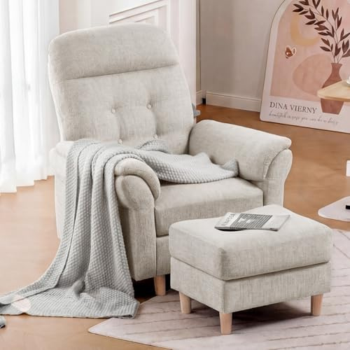 COMHOMA Vilfåtölj Med Fotpall, Justerbart Ryggstöd 4 Lägen, Sidficka, Enkel Loungestol Med Tygklädsel För Vardagsrum, Sovrum, Hemmabio, Chenille, Beige