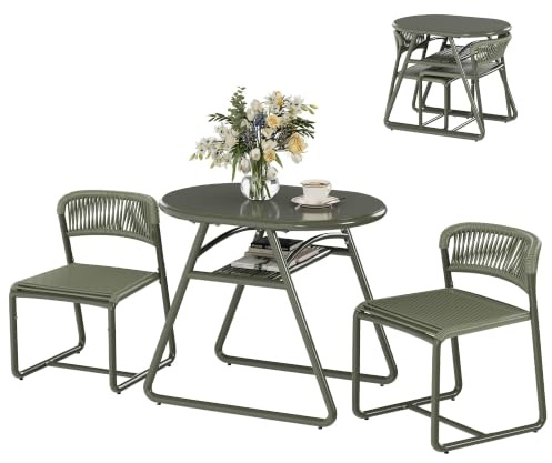 Garvee Ensemble Bistro de Jardin 3 pièces – Table Ronde de 80 cm et 2 chaises en Fer et Corde PE Respirante – Anti-Corrosion et Facile à Nettoyer pour terrasse, Balcon ou Jardin – Vert Grisâtre