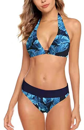 Aidotop Femme Maillots de Bain Bikini Sexy Halter Slip Réglable Deux Pièces Swimsuit de Plage（Leaf,M）