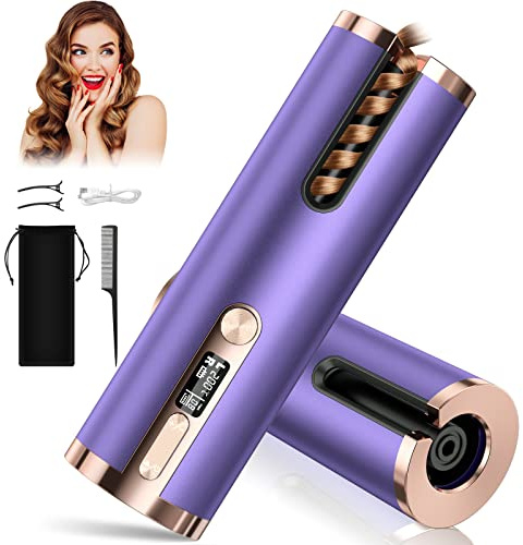 Cordless Hair Curler, Automatic Curling Iron 6 Adjustable Temperature & Timer 5200mAh Rechargeable LCD Display Rotating PTC Ceramic Curling Wand Hair Wavers for Long & Short Hair Home Travel-Purple