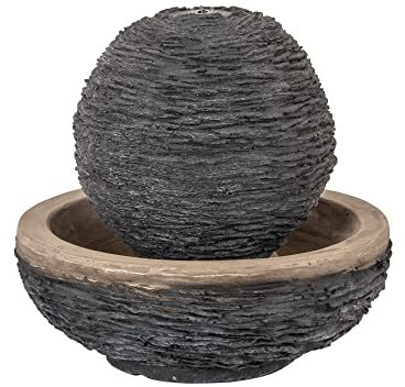 Gardenesque Globe Water Feature - LED Lights - Lightweight Fibreclay with Slate Effect Finish - For Terrace, Pond, Balcony - W35 x D35 x H33cm, Ball size: 22cm