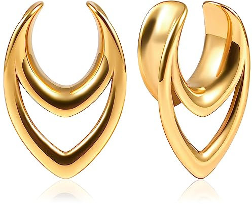 Vankula Ohr Tunnel 1 Paar Saddles Flesh Plugs Hohl Tropfen Edelstahl für männer damen Ohrpiercing Gestreckte Schmuck 10mm(00G) Gold
