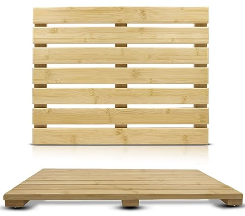 Palm Naki Bamboo Bathmat - 100% Natural Wooden Floor Mat - Non-Slip, Sustainable - Modern Asian Design - Perfect for Bathroom & Spa (21x14)