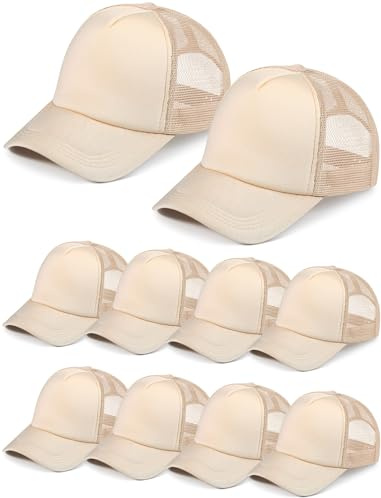 Tarpop 10 Pcs Sublimation Blank Trucker Hats Bulk Mesh Baseball Cap Polyester Mesh Trucker Hat for Men and Women(Tan)