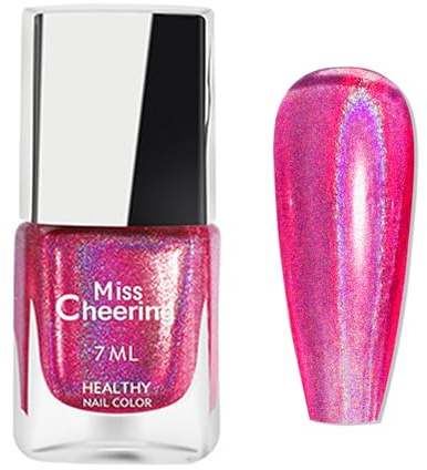 Hot Pink Nail Polish - Deep Pink Holographic Nail Polish - High Gloss Chrome nail polish - Glitter Nail Varnish Fast Drying - Shimmer Laser Iridescent nail Polish - No Chip No Bake