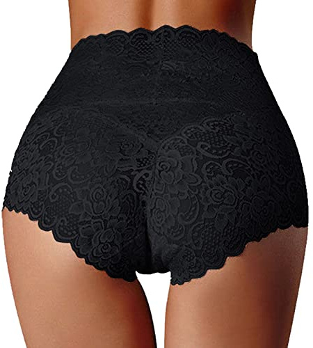 Culotte gainante femme ventre plat dentelle sexy culottes et slips taille haute post accouchement transparent slip grande taille elasticité douce sous vetements feminins shorty amincissant (Black, XL)