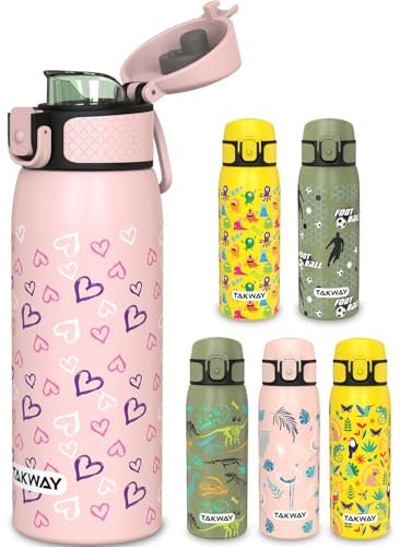 TAKWAY Gourde en acier inoxydable pour enfants - 550 ml - Anti-fuite, isolée et adaptée aux boissons gazeuses - Bouteille pour l'école, le sport (cœur)