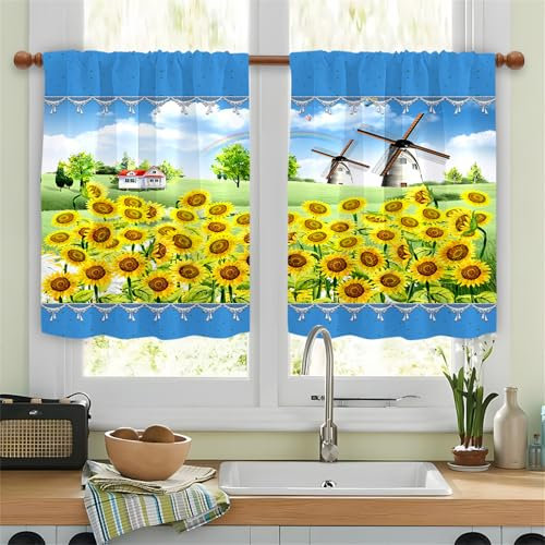 Highdi 2 Piezas Visillos Cortos para Ventanas, Cortinas Cortas para Cocina con Bolsillo para Varilla Cortinas Translucidas para Interior, Comedor (Vintage Country 5,80 * 100cm)